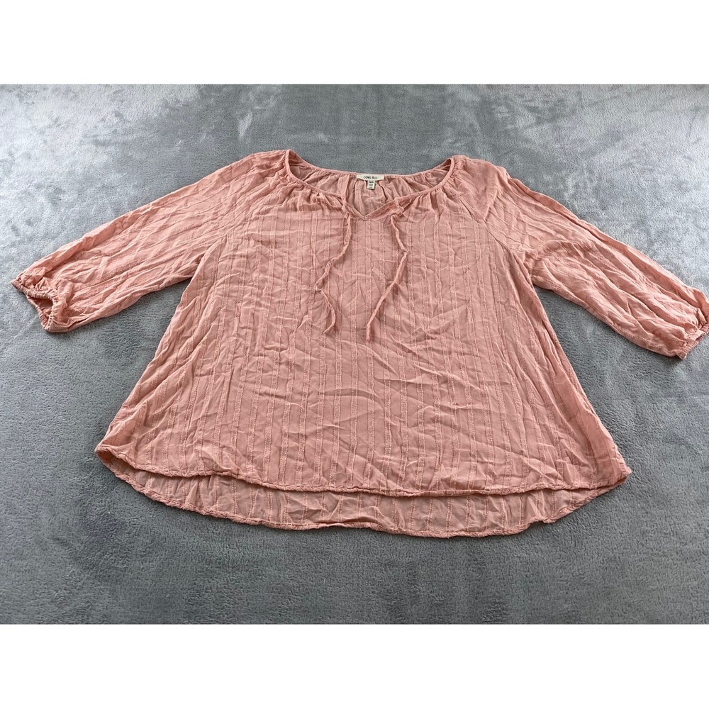 Como Blu Womens XL Peach Pink Textured Dobby Stripe Tie Neck Peasant Blouse Top